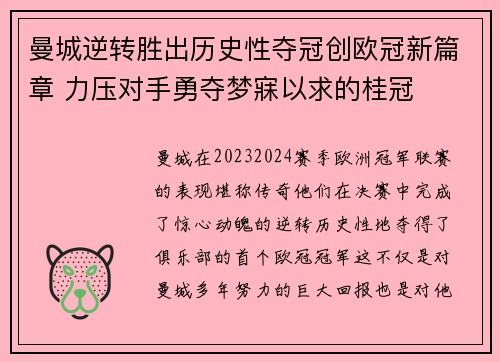 曼城逆转胜出历史性夺冠创欧冠新篇章 力压对手勇夺梦寐以求的桂冠