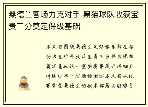 桑德兰客场力克对手 黑猫球队收获宝贵三分奠定保级基础