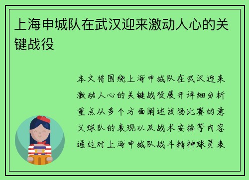 上海申城队在武汉迎来激动人心的关键战役
