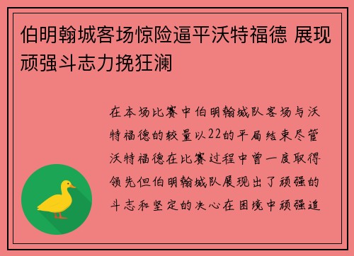 伯明翰城客场惊险逼平沃特福德 展现顽强斗志力挽狂澜
