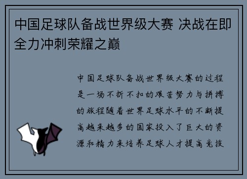 中国足球队备战世界级大赛 决战在即全力冲刺荣耀之巅