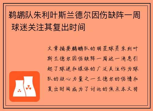 鹈鹕队朱利叶斯兰德尔因伤缺阵一周 球迷关注其复出时间